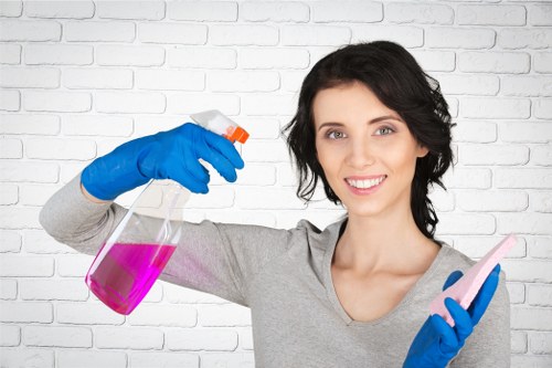 Local cleaners working in a Pimlico townhouse hallway