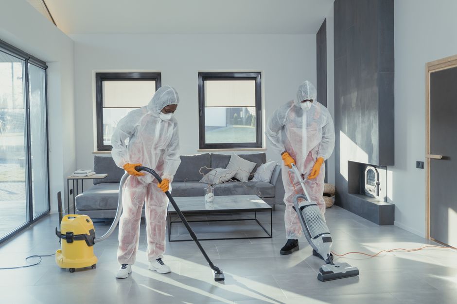 A professional cleaning technician from Pimlico Carpet Cleaners is kneeling on a wooden floor in a lounge area, wearing personal protective equipment including a white protective suit, gloves, a face