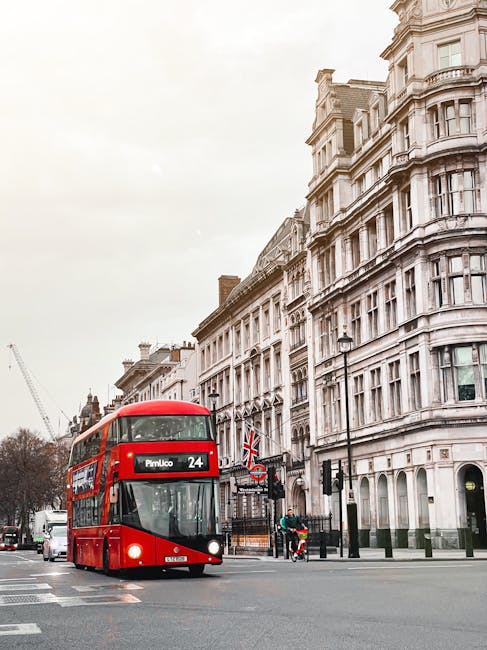 A bright red double-decker bus displaying the route number 24 and destination Pimlico is traveling along a city street lined with historic white stone buildings featuring ornate architectural details, bay windows, and decorative cornices. The street includes black lampposts, crosswalk markings, and traffic lights, with a cyclist riding nearby. The scene is captured during daytime under soft, overcast lighting, emphasizing the cleanliness and well-maintained appearance of the urban environment. This image showcases the typical street scene in Eccleston Square, with elements relevant to surface cleaning, urban maintenance, and the aesthetic appeal of Pimlico, as highlighted in Pimlico Carpet Cleaners' efforts for home and commercial deep cleaning and surface sanitisation.