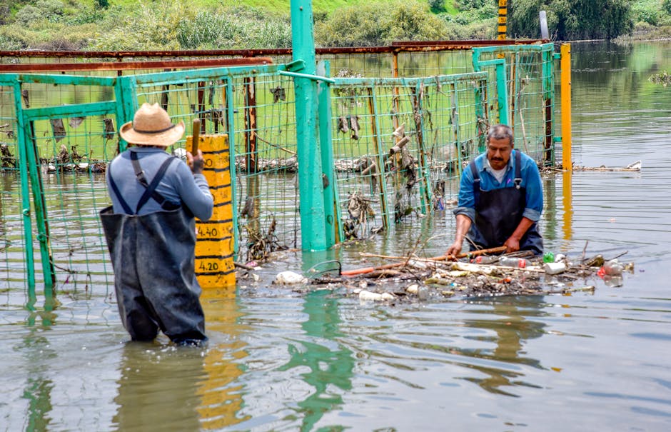 Two men are working to clear debris and trash from a flood-affected area near a body of water. One man, wearing a wide-brimmed hat, blue long-sleeve shirt, and black waterproof apron, is standing in t